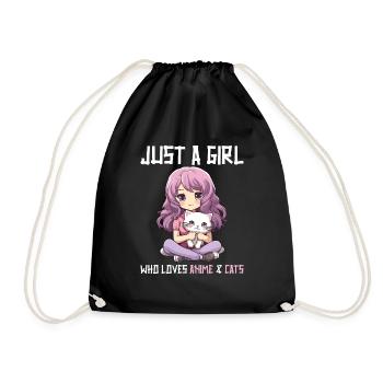 Kawaii Girl Anime Manga Girl and Cat - Drawstring Bag - black - Front