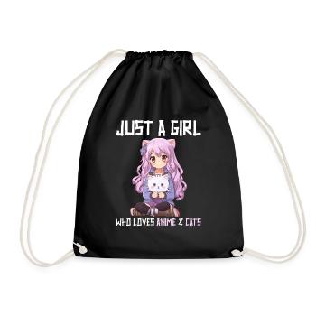 Kawaii Girl Anime Manga Girl and Cat - Drawstring Bag - black - Front