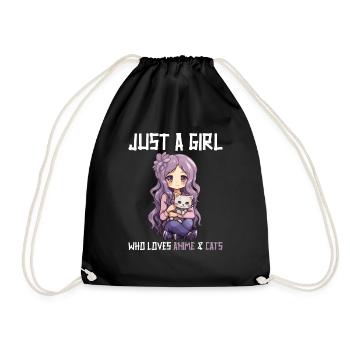 Kawaii Girl Anime Manga Girl and Cat - Drawstring Bag - black - Front