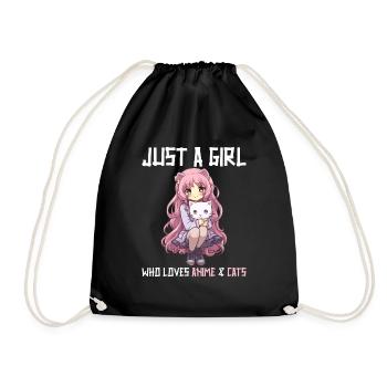 Kawaii Girl Anime Manga Girl and Cat - Drawstring Bag - black - Front