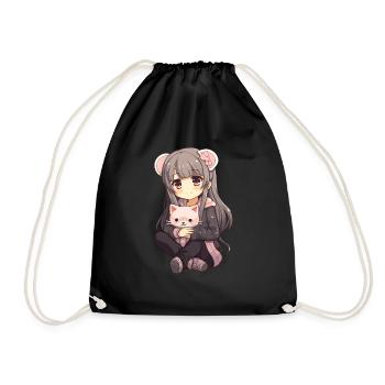 Kawaii Girl Anime Manga Fille et chat - Sac de sport léger - noir - Devant