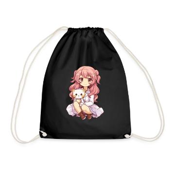 Kawaii Girl Anime Manga Fille et chat - Sac de sport léger - noir - Devant