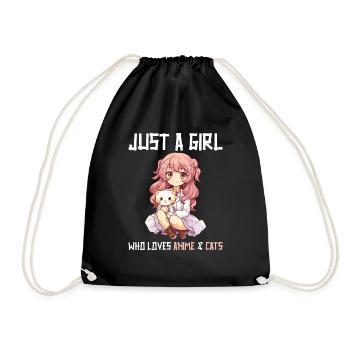 Kawaii Girl Anime Manga Girl and Cat - Drawstring Bag - black - Front