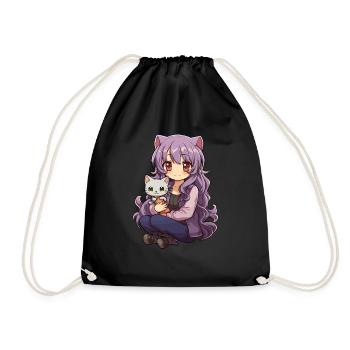 Kawaii Girl Anime Manga Fille et chat - Sac de sport léger - noir - Devant