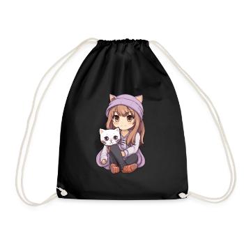 Kawaii Girl Anime Manga Fille et chat - Sac de sport léger - noir - Devant