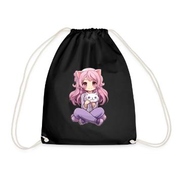 Kawaii Girl Anime Manga Fille et chat - Sac de sport léger - noir - Devant