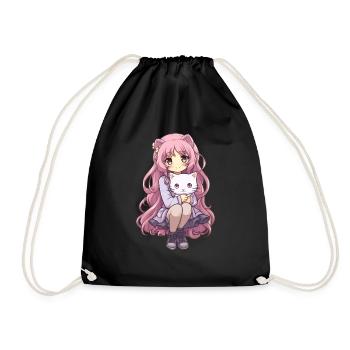 Kawaii Girl Anime Manga Fille et chat - Sac de sport léger - noir - Devant