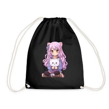 Kawaii Girl Anime Manga Fille et chat - Sac de sport léger - noir - Devant
