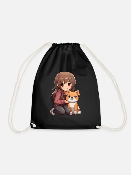 Kawaii Mädchen Anime Manga Mädchen und Hund - Turnbeutel - Schwarz