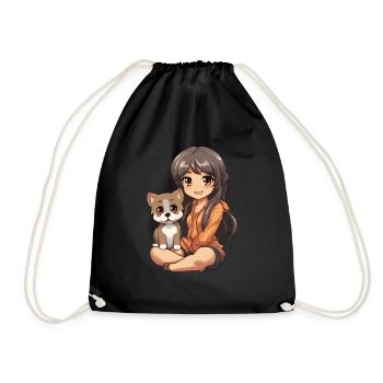 Kawaii Girl Anime Manga Fille et Chien - Sac de sport léger - noir - Devant