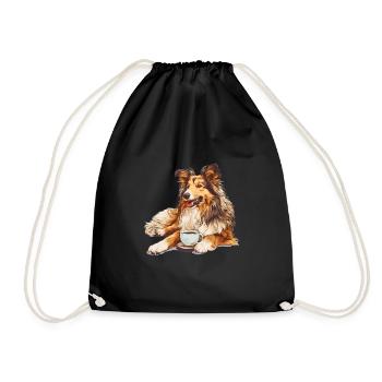 Shetland Sheepdog Sheltie Coffee Dog Breed Pet - Drawstring Bag - black - Front