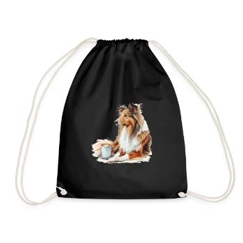 Shetland Sheepdog Sheltie Coffee Dog Breed Pet - Drawstring Bag - black - Front