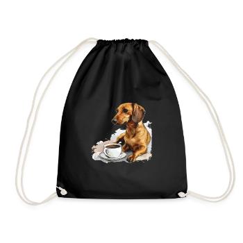 Cute Dachshund Doxie with a Cup of Coffee Wiener - Drawstring Bag - black - Front