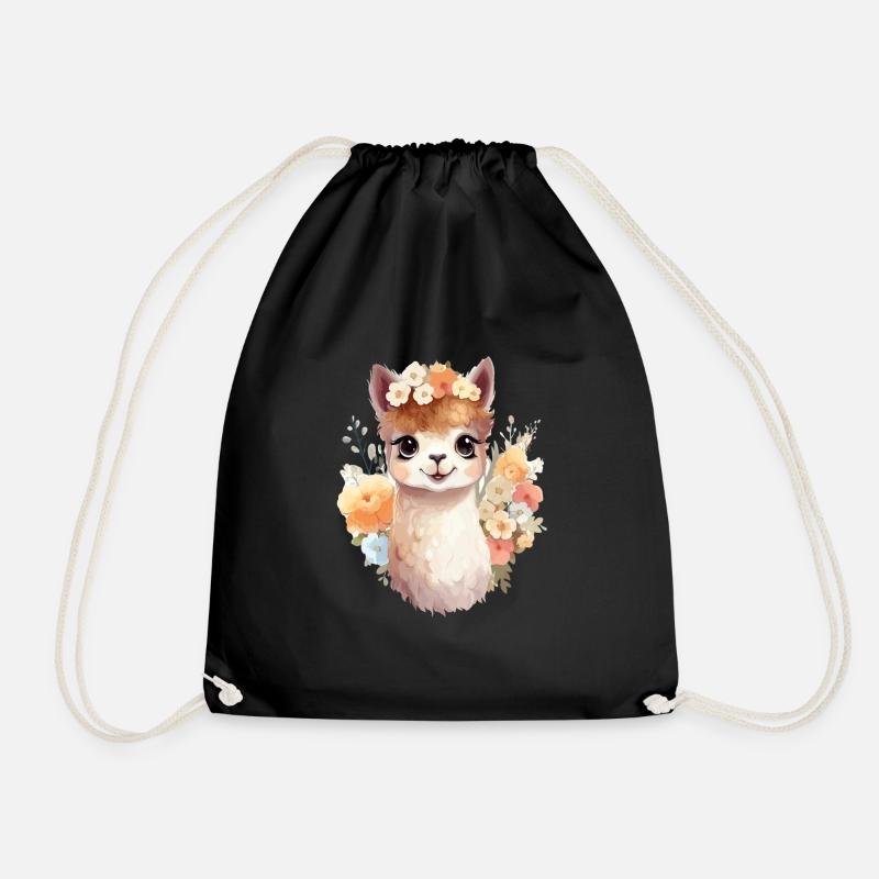 Alpaca with flowers - Drawstring Bag - black