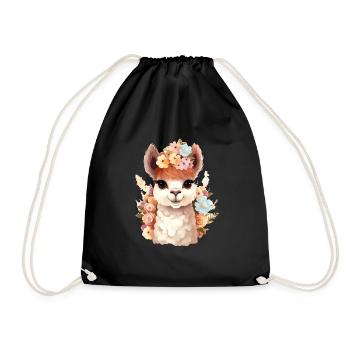 Alpaka mit bunten Blumen - Turnbeutel - Schwarz - Vorne