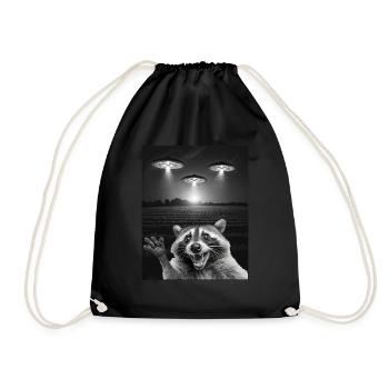Funny raccoon selfie in front of UFOs Raccoon UFO - Drawstring Bag - black - Front