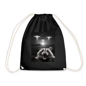Funny raccoon selfie in front of UFOs Raccoon UFO - Drawstring Bag - black - Front