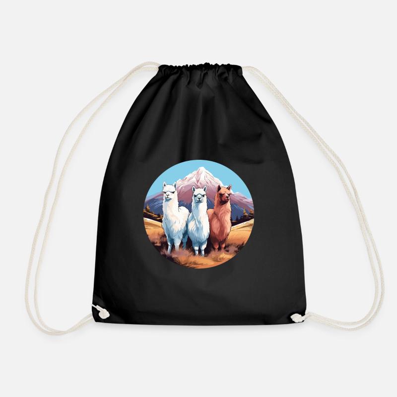 Alpaca, 3 alpacas in nature - Drawstring Bag - black