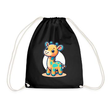 kindlich gestaltete Giraffe - Turnbeutel - Schwarz - Vorne