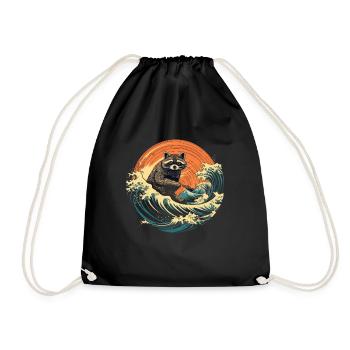 Raccoon Japanese Wave Funny - Drawstring Bag - black - Front
