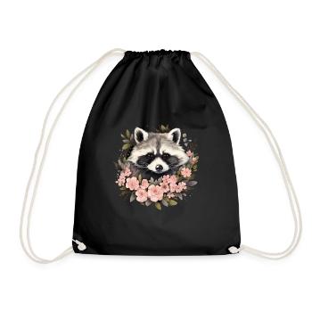 Raccoon Floral Vintage Funny Gift - Drawstring Bag - black - Front