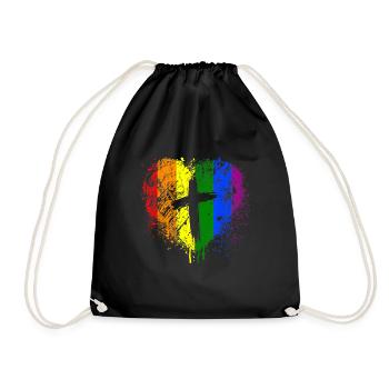 Rainbow Heart with Cross Gay Pride LGBT Christian - Drawstring Bag - black - Front