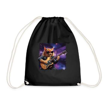Funny Cat Plays Guitar Instruments Cute - Drawstring Bag - black - Front