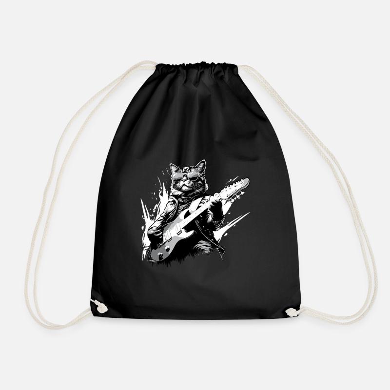 Love Rocker Cat Playing Guitar Music Musician - Drawstring Bag - black
