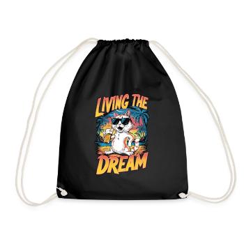 Cat and Beer, Living a Dream - Humor - Drawstring Bag - black - Front