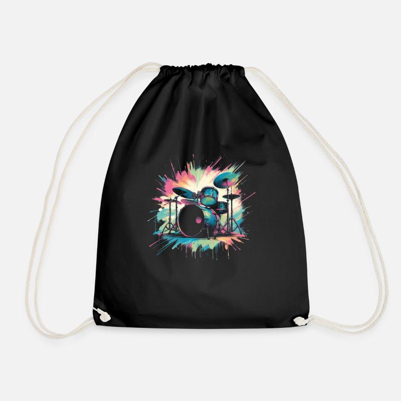Colorful Abstract Drum Set Drummer Drumming - Drawstring Bag - black