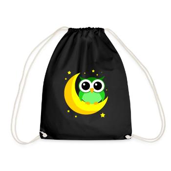 Green Owl On Moon Cartoon Predator Bird Nocturnal - Drawstring Bag - black - Front