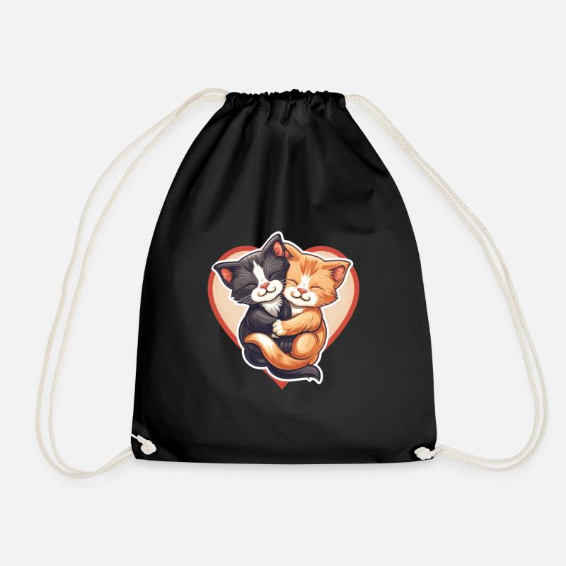 Two Cats Hugging Inside Heart - Drawstring Bag - black