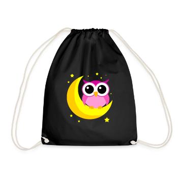 Pink Owl On Moon Cartoon Nocturnal Bird Lover Cool - Drawstring Bag - black - Front