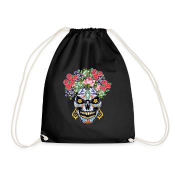 Mexican Floral Muertos Day Of Dead Halloween - Drawstring Bag - black - Front