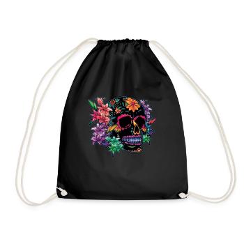 Black Colorful Dia De Los Muertos Halloween Floral - Drawstring Bag - black - Front