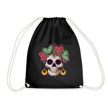 Colorful Flower Muertos Day Of Dead Halloween - Drawstring Bag - black - Front