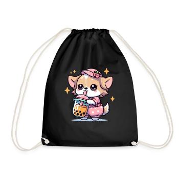 Bubble Tea Boba Milch Kawaii Anime Hund Chihuahua - Turnbeutel - Schwarz - Vorne