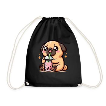 Bubble Tea Boba Milch Kawaii Anime Hund Mops - Turnbeutel - Schwarz - Vorne