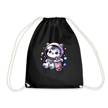Kawaii Cat Astronaut Bubble Tea in Space - Drawstring Bag - black - Front