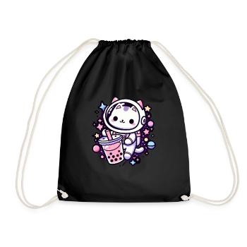 Kawaii Cat Astronaut Bubble Tea in Space - Drawstring Bag - black - Front