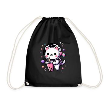 Kawaii Cat Astronaut Bubble Tea in Space - Drawstring Bag - black - Front