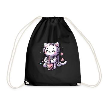 Kawaii Cat Astronaut Bubble Tea in Space - Drawstring Bag - black - Front