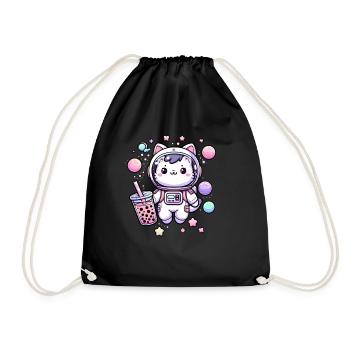 Kawaii Cat Astronaut Bubble Tea in Space - Drawstring Bag - black - Front