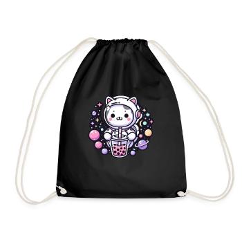 Kawaii Cat Astronaut Bubble Tea in Space - Drawstring Bag - black - Front