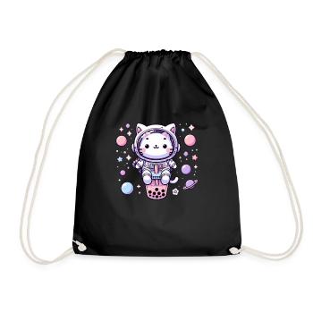Kawaii Cat Astronaut Bubble Tea in Space - Drawstring Bag - black - Front