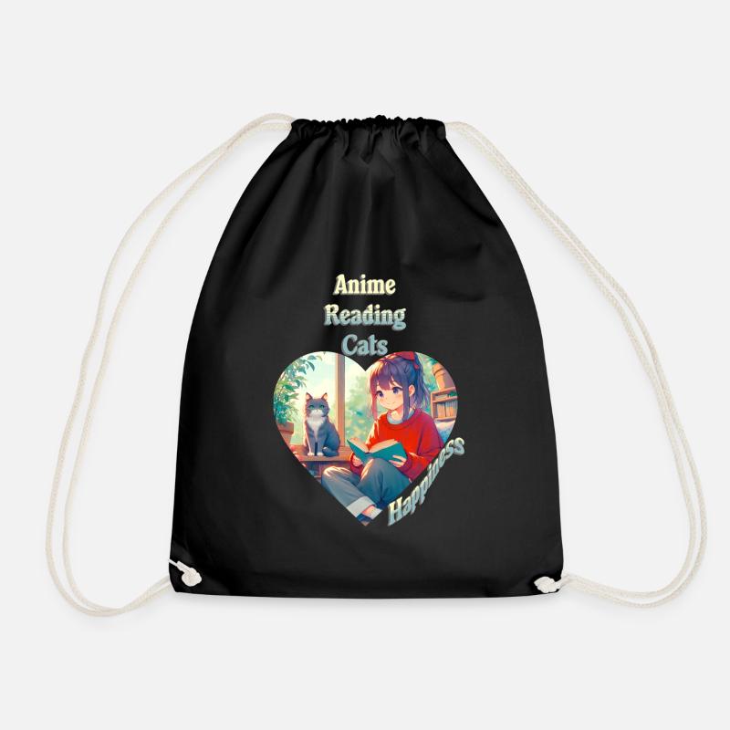 Anime - Reading - Cats - Happiness - Drawstring Bag - black
