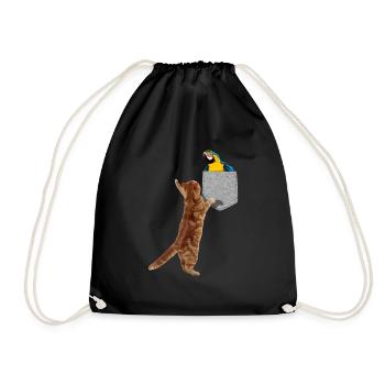 Katze Erreicht Blaugold Ara In Falscher Tasche Cool - Turnbeutel - Schwarz - Vorne