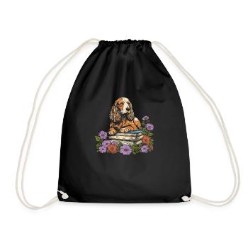 Cocker Spaniel Flower Book Reader - Drawstring Bag - black - Front