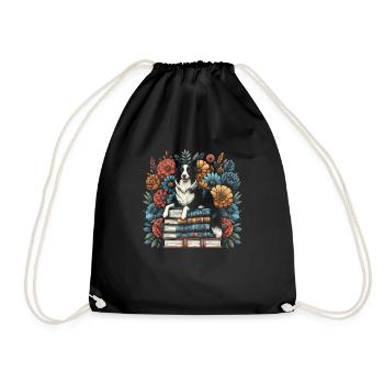 Border Collie Flower Book Reader Floral Cottagecore - Drawstring Bag - black - Front