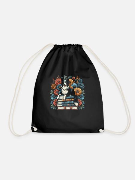 Border Collie Blumenbuchleser Floralcottagecore - Turnbeutel - Schwarz